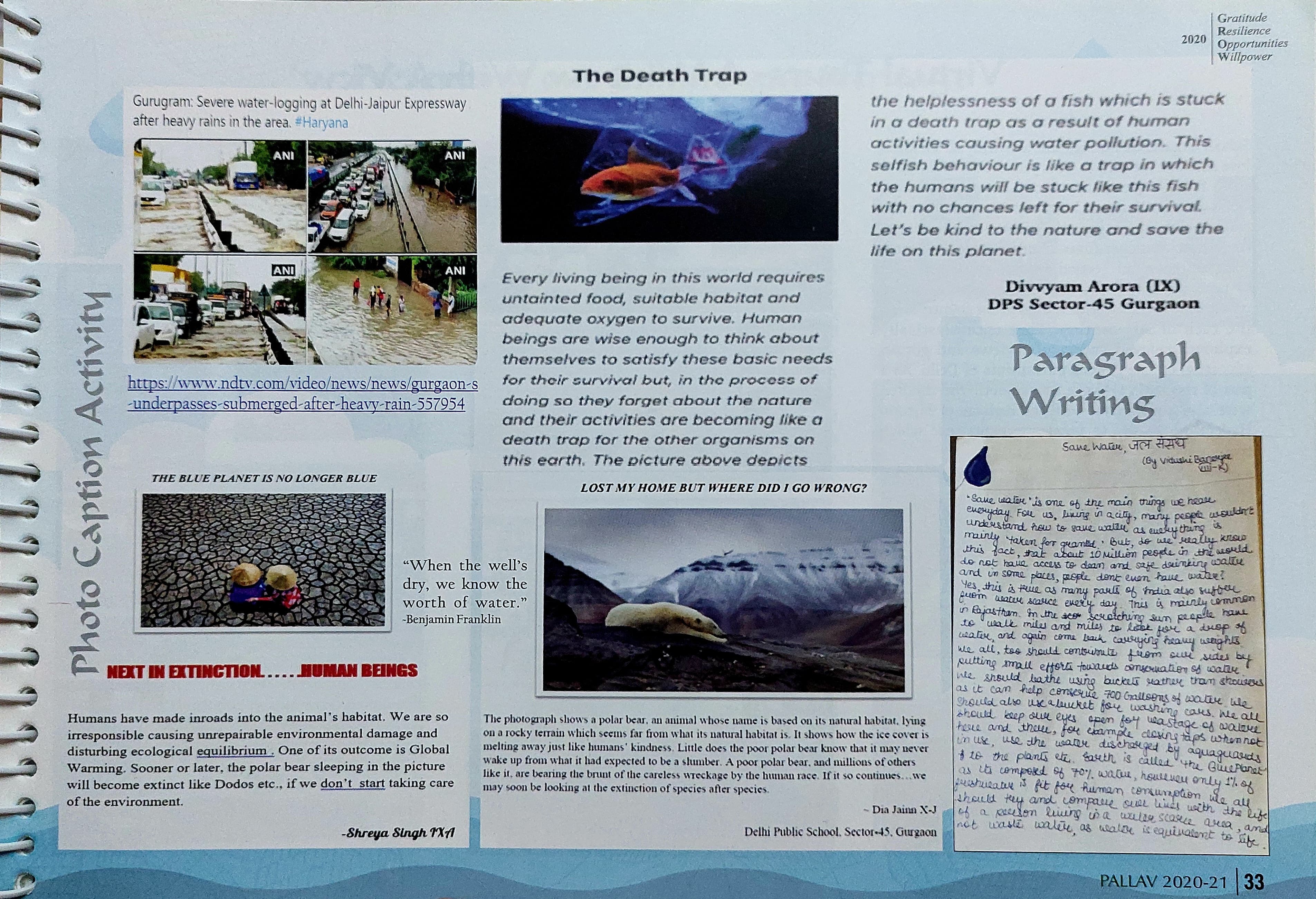 Short article about effects of climate change and pollution on animals published in school annual magazine